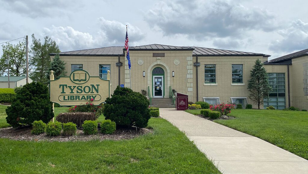 Tyson Library building exterior, May 2024